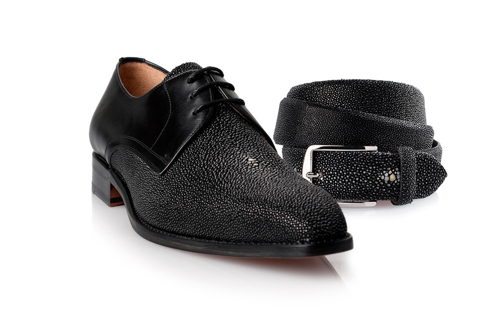 Men's Genuine Stingray Alto Chukka Sneaker. Black Suede Panel. Black Stingray. Black Laces. Black Gum Sole with Laser Engraved Logo